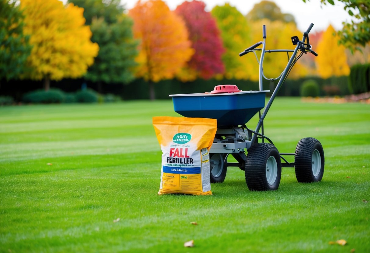 A lush green lawn with colorful autumn foliage in the background, a bag of fall fertilizer sitting next to a spreader