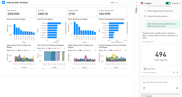 Screenshot showing Copilot answering a data question using a visual built from data in the semantic model.