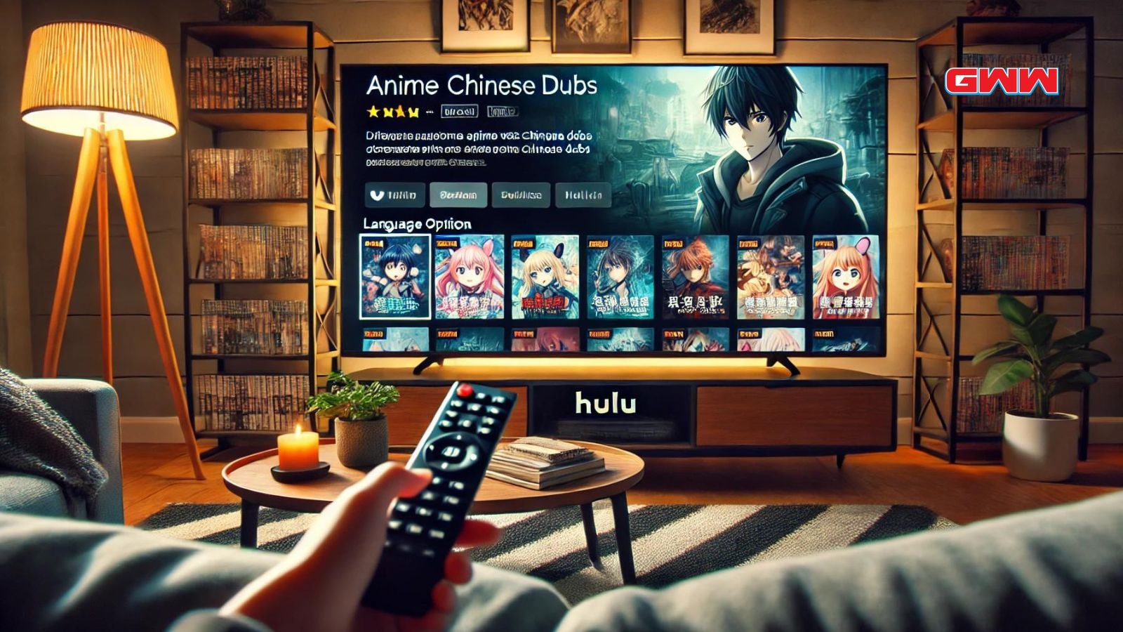 A cozy scene showing someone browsing a streaming platform like Hulu on a large TV.