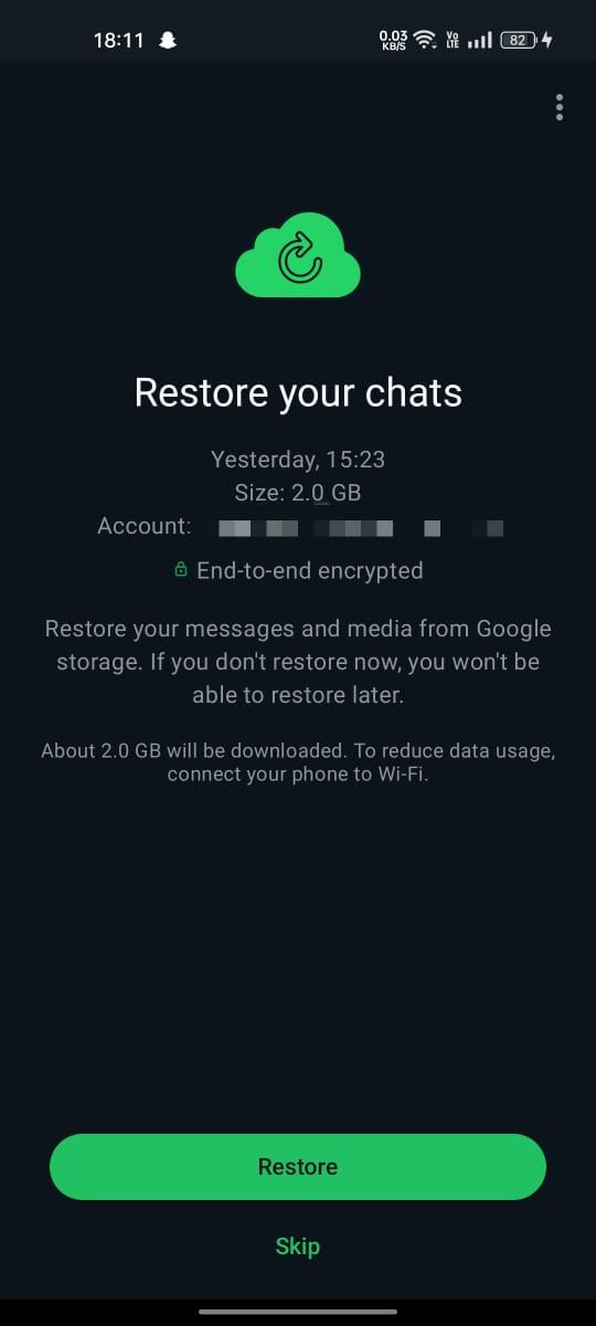 restore your WhatsApp data from the Google Drive backup