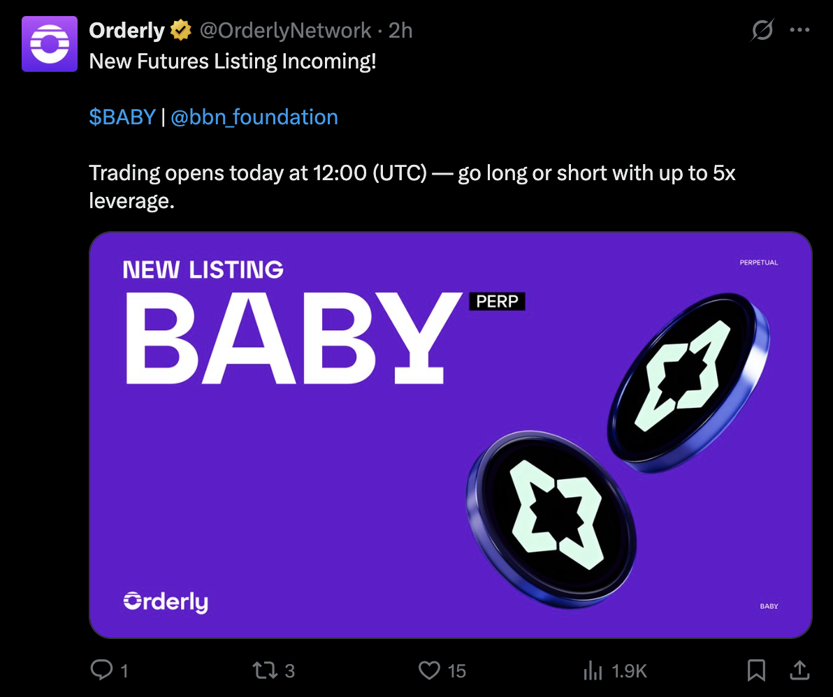 Orderly Network Launches BABY Perpetual Contracts. Source: X
