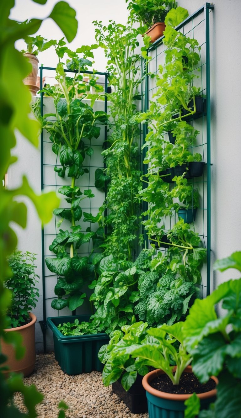 A vertical vegetable patch nestled in a corner garden, with lush green plants growing up trellises and containers