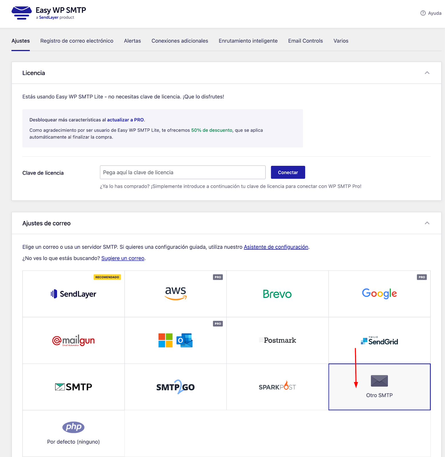 imagen con configuraciones del plugins Easy WP SMTP, otro SMTP