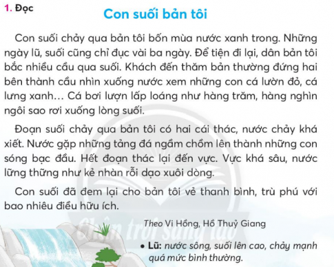 BÀI 2: CON SUỐI BẢN TÔIKHỞI ĐỘNGCâu hỏi: Giới thiệu với bạn một cảnh vật nơi em ở.Giải nhanh: Cánh đồng lúa vào mùa lúa chín trông như một thấm thảm khổng lồ vàng rực cả một vùng trời. Khi cơn gió nhẹ lướt qua, từng lớp từng lớp lúa nối tiếp nhau tạo nên những con sóng lăn tăn vô cùng đẹp.KHÁM PHÁ VÀ LUYỆN TẬPCâu 1: Đọca. Tìm từ ngữ chỉ đặc điểm của con suối vào ngày thường và ngày lũ.b. Khách đến thăm bản thường đứng ha bên thành cầu để làm gì?c. Đoạn suối chảy qua bản có gì đặc biệt?d. Câu văn cuối bài cho em biết điều gì?Trả lời: a.  Từ ngữ chỉ đặc điểm của con suối vào ngày thường là: xanh trong         Từ ngữ chỉ đặc điểm của con suối vào ngày lũ là: đục.b. Khách đến bản thường đứnghai bên cầu để xem những con cá lườn đỏ, cá lưng xanh,...c. Đoạn suối chảy qua bản có hai cái thác, nước chảy khá xiết, tảng đá ngầm chồm lên, hết đoạn thác lại đến vực.d. Câu văn cuối bài cho em biết rằng con suối là một phần không thể thiếu với người dân trong bản, nó đem lại rất nhiều lợi ích cả về vật chất và tinh thần.Câu 2: Viếta. Nghe- viết: Con suối bản tôi (từ Đoạn suối đến xuôi dòng).b. Tìm từ ngữ chứa tiếng có vần eo hoặc vần oe gọi tên từng sự vật, hoạt động dưới đây:c. Tìm từ ngữ gọi tên từng sự vật dưới đây chứa tiếng có:Giải nhanh:a. Nghe- viếtb. bánh xèo. múa xòe, chèo thuyền, đi kheo, cú mèo.c.con hươu, đà điểu, ốc bươu.chuối, núi, muối.Câu 3: Thực hiện các yêu cầu dưới đây:a. Chọn lời giải nghĩa phù hợp với mỗi từ:b. Tìm 2 -3 từ ngữ chỉ nơi thân quen với em.Giải nhanh: a. b. ban công, sân, đầu hòe, hiên nhà.Câu 4: Chọn từ ngữ trong khung phù hợp với mỗi chố chấm: Thanh bước lên ..., nhìn vào trong nhà. Cảnh tượng ... cũ không có gì thay đổi. Nghe tiếng Thanh, bà chống gậy trúc đi từ ngoài ... vào. Bà nhìn Thanh âu yếm:     - Đi vào trong ... kẻo nắng, cháu!Theo Thạch LamGiải nhanh: thềm, gian, nhà, nhà Câu 5: Nói và nghea. Đọc lời của các nhân vật trong tranh.b. Cùng bạn đóng vai, nói và đáp lời đồng ý phù hợp với mỗi tình huống.Giải nhanh:a. Đọc lời b.   - Kể cho mình nghe về các loại cây trong vườn nhà bạn được không?    Trong vườn nhà mình mẹ đã trồng rất nhiều loại khác nhau như rau bắp bải, đậu bắp hay hoa hồng, hoa thủy tiên hay cây khế, cây ổi và cây vải.   - Bạn dạy mình giải bài toán này được không?      Được, bài toán này mình làm như thế này..…Câu 6: Thuật lại việc được chứng kiếna. Dựa vào từ ngữ gợi ý, nói lại nội dung mỗi bức tranh bằng một câu.b. Viết 4-5 câu về việc nặn tò he của bác Huấn.Trả lời: a. Hình 1: dùng các nguyên liệu tự nhiên để làm màu.        Hình 2: nhuộm màu.        Hình 3: tạo rất nhiều hình khác nhau cho tò he.        Hình 4: bày biện và bán.b. 4-5 câu về việc lặn tò he của bác Huấn: Mỗi ngày, bác Huấn dùng những nguyên liệu tự nhiên như nghệ, gấc, lá nếp để làm màu. Sau đó, bác dùng nó nhuộm màu cho bột, tạo ra những khối bột rất nhiều màu sắc. Bác dùng đôi tay khéo léo của mình để tạo ra rất nhiều hình thù khác nhau từ bông hoa cho đến các con vật hay hình siêu nhân. Cuối cùng, bác bày biện ra bán trông vô cùng bắt mắt.VẬN DỤNG