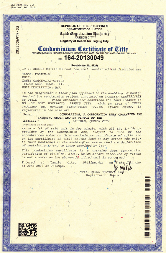 sample condominium certificate of title cct