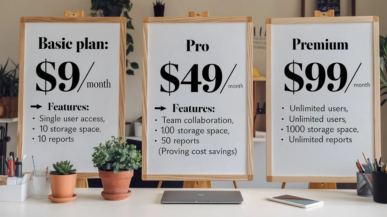 Illustration of various SaaS pricing models, highlighting cost-efficient options like basic, pro, and premium plans