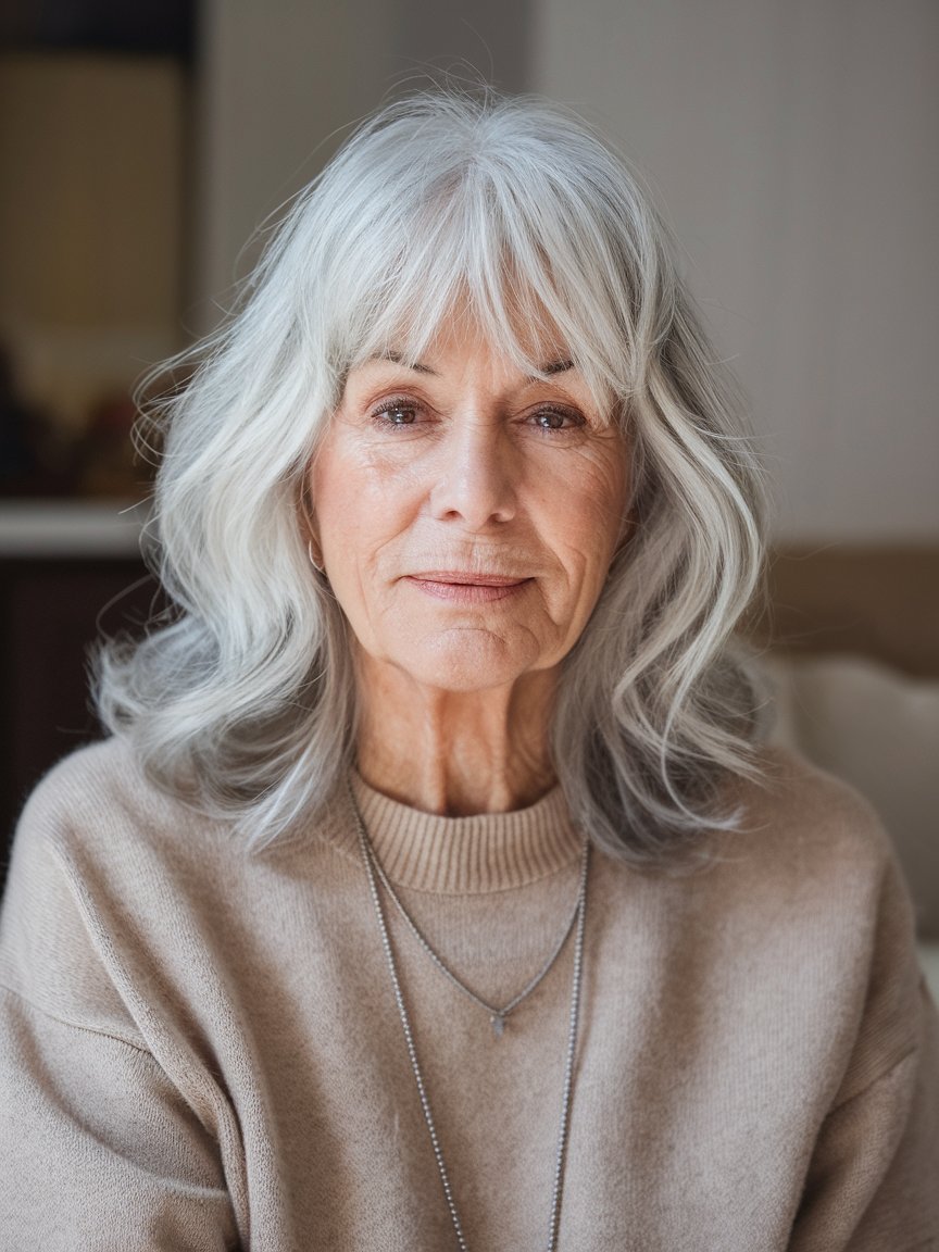 26. Layered Silver Waves with Curtain Bangs