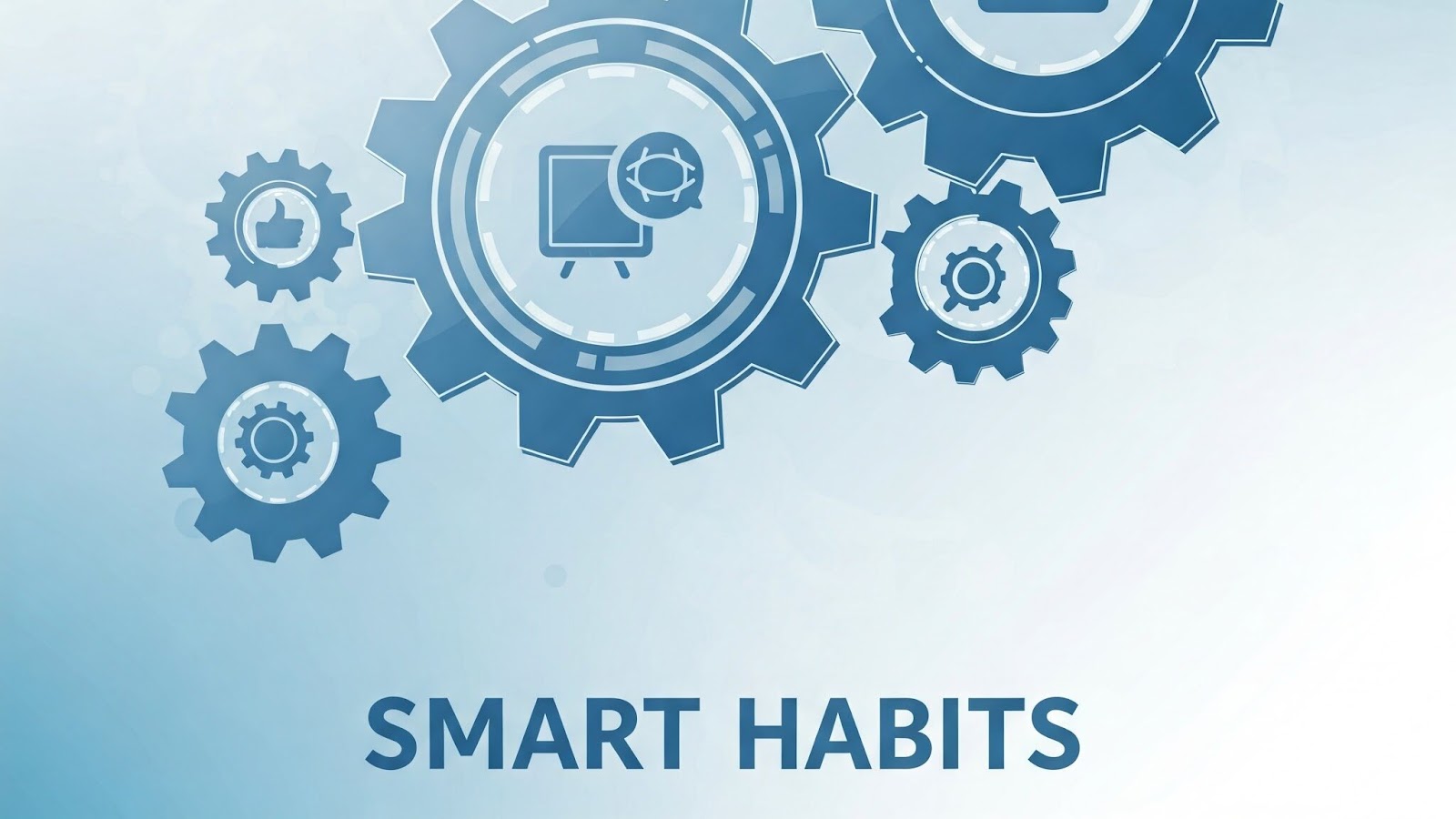 An image that represents the idea of Smart Habits on a blue-white background. There a gears on the picture, each with a small icon in the middle. At the bottom, there is text saying: "smart habits".