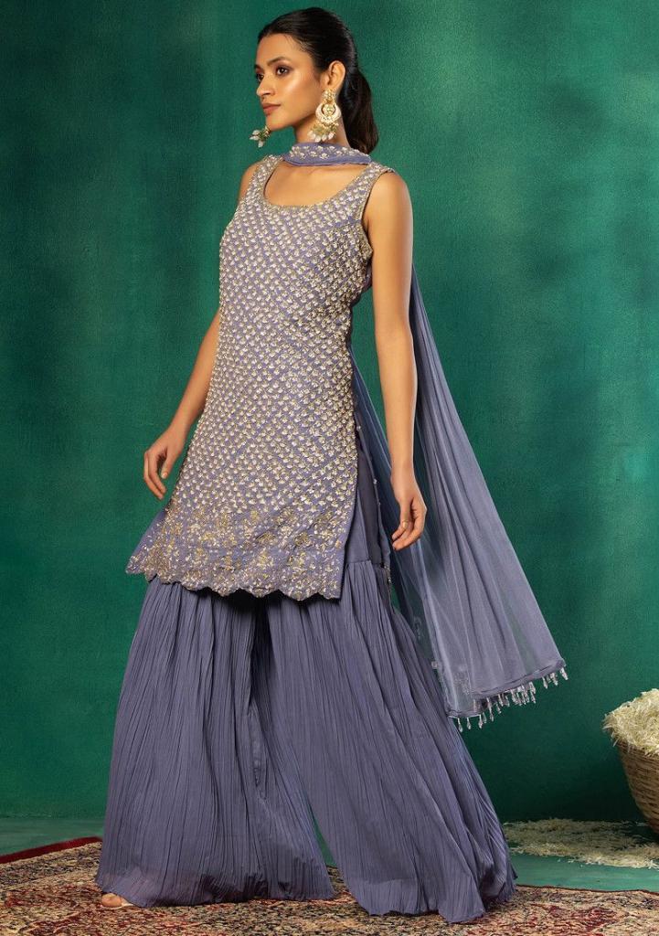 Indya Powder Blue Pleated Sharara Set With Sequin Hand Embroidered Kurta And Dupatta- ILK02298