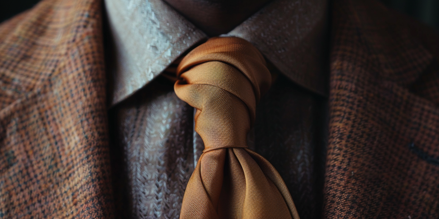Close-up of a man wearing a bold, oversized Balthus necktie knot. The knot is thick, wide, and dramatic, made from a rich, luxurious fabric in deep color. The tie is long and the shirt has a wide collar to perfectly frame the large knot. The look is fashion-forward, confident, and striking, suited for standout events. Soft but focused lighting highlights the texture and size of the knot, emphasizing its commanding presence.