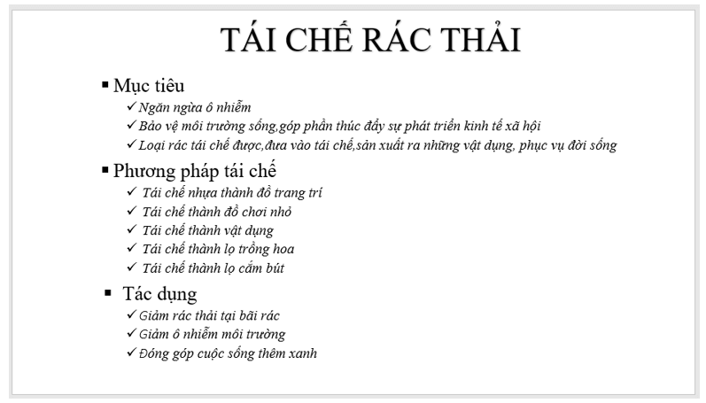 BÀI 11 - TẠO BÀI TRÌNH CHIẾU1. MỘT SỐ CHỨC NĂNG CƠ BẢN CỦA PHẦN MỀM TRÌNH CHIẾUHoạt động 1: Một số chức năng cơ bản của phần mềm trình chiếuCâu 1: Em đã biết gì về phần mềm trình chiếu?Đáp án chuẩn:Phần mềm trình chiếu là phần mềm được thiết kế để cho phép người sử dụng trình bày thông tin dưới hình thức trình chiếu một cách hấp dẫn và hiệu quả.Câu 2: Khi tạo một bài trình bày với nội dung gồm văn bản, hình ảnh và nhiều đối tượng khác, em chọn sử dụng phần mềm soạn thảo văn bản hay phần mềm trình chiếu? Vì sao?Đáp án chuẩn:Em chọn sử dụng phần mềm trình chiếu vì phần mềm trình chiếu có các hiệu ứng làm cho nội dung trình bày thêm sinh động và hấp dẫn.Câu hỏi Câu 1: Trong các bài phát biểu sau, phát biểu nào đúng, phát biểu nào sai?a) Phần mềm trình chiếu thường được sử dụng để tạo bài trình chiếu phục vụ hội nghị, dạy học, quảng cáo, …b) Phần mềm trình chiếu có chức năng tạo bài trình chiếu và lưu dưới dạng tệp.c) Có thể nhập và xử lí văn bản, hình ảnh trên các trang chiếu.d) Chức năng của phần mềm trình chiếu là tính toán tự động.Đáp án chuẩn:Đáp án a, b, c đúng. Đáp án d sai.2. TIÊU ĐỀ CỦA BÀI TRÌNH CHIẾUHoạt động 2: Tạo tiêu đề của bài trình chiếuCâu 1: Khi tạo bài trình chiếu, em thường trình bày các trang như thế nào?Đáp án chuẩn:Em thường trình bày các trang nội dung có tiêu đề trang và nội dung trang. Tiêu đề trang được viết dưới dạng văn bản ở trên đầu mỗi trang.Câu 2: Theo em, tiêu đề của bài trình chiếu nên đặt ở trang nào? Muốn làm nổi bật nội dung của mỗi trang thì cần làm như thế nào?Đáp án chuẩn:Tiêu đề của bài trình chiếu nên đặt ở trang đầu tiên. Muốn làm nổi bật nội dung của mỗi trang thì tiêu đề trang được đặt trên đầu các trang nội dung.Câu hỏiCâu 1: Phát biểu nào sau đây không đúng?A. Trang tiêu đề là trang đầu tiên và cho biết chủ đề của bài trình chiếu.B. Các trang nội dung của bài trình chiếu thường có tiêu đề trang.C. Tiêu đề trang giúp làm nỗi bật nội dung cần trình bày của trangD. Các phần mềm trình chiếu không có sẵn các mẫu bố trí.Đáp án chuẩn:Đáp án D.3. CẤU TRÚC PHÂN CẤPHoạt động 3: Cấu trúc phân cấpCâu 1: Em hãy quan sát hai cách trình bày dự án Trường học xanh sau đây và cho biết cách trình bày nào dễ hiểu hơn?Đáp án chuẩn:Cách 2 trình bày dễ hiểu hơn vì chia rõ bố mục các phần.Câu hỏi Câu 1: Câu nào sau đây sai khi nói về cấu trúc phân cấp?A. Là cấu trúc gồm danh sách nhiều cấp.B. Giúp làm cho nội dung cần trình bày có bố cục mạch lạc, dễ hiểu.C. Cấu trúc này gồm một chuỗi các dấu đầu dòng ngang cấp nhau.D. Cấu trúc này được sử dụng nhiều trong soạn thảo văn bản, tạo bài trình chiếu.Đáp án chuẩn:Đáp án C.LUYỆN TẬPCâu 1: Ưu điểm của việc sử dụng cấu trúc phân cấp trong bài trình chiếu là gì?Đáp án chuẩn:Cấu trúc phân cấp giúp làm cho nội dung trình bày có bố cục mạch lạc, dễ hiểu.Câu 2: Em hãy tạo trang chiếu ghi các công việc cần làm trong ngày và sử dụng cấu trúc phân cấp để trình bày nội dung.Đáp án chuẩn:Gợi ý:VẬN DỤNG