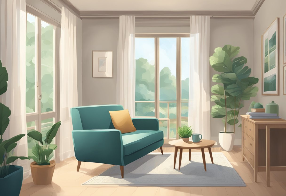 A serene, open room with soft natural lighting. A comfortable seating area with calming decor and a peaceful atmosphere