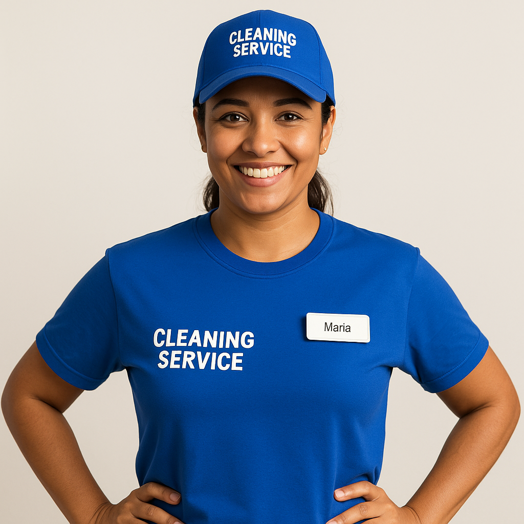 Professional branded uniform for a cleaning company team member.
