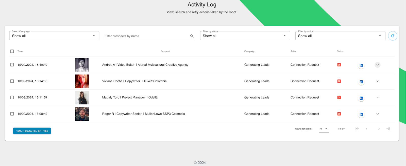 Activity log panel.