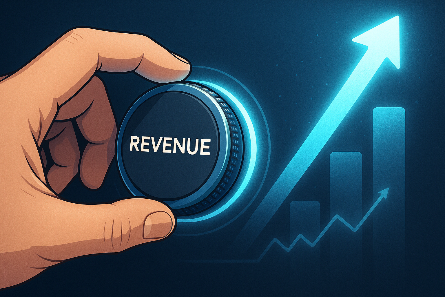 A hand turning a dial that reads "revenue," representing a white-label VoIP reseller increasing revenue through a scalable unified communications model.