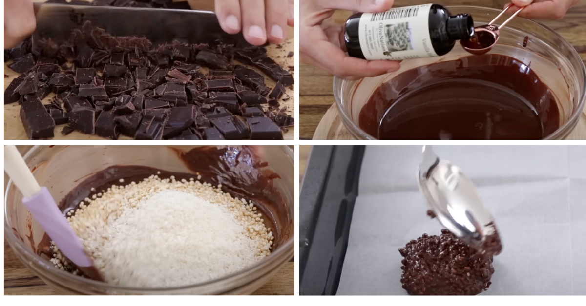 Four images showing the process of making no-bake chocolate quinoa cookies. 