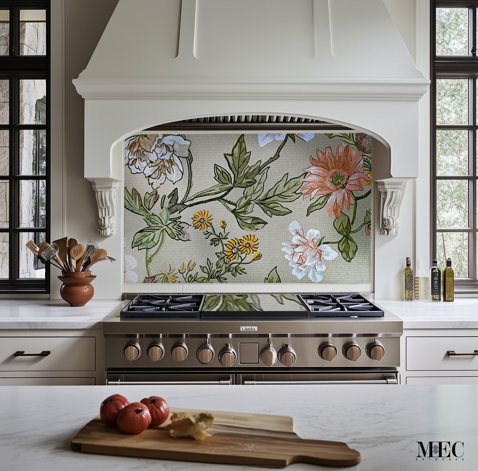 Elegant kitchen backsplash featuring hand-laid floral mosaic with green leaves and soft pastel blossoms.