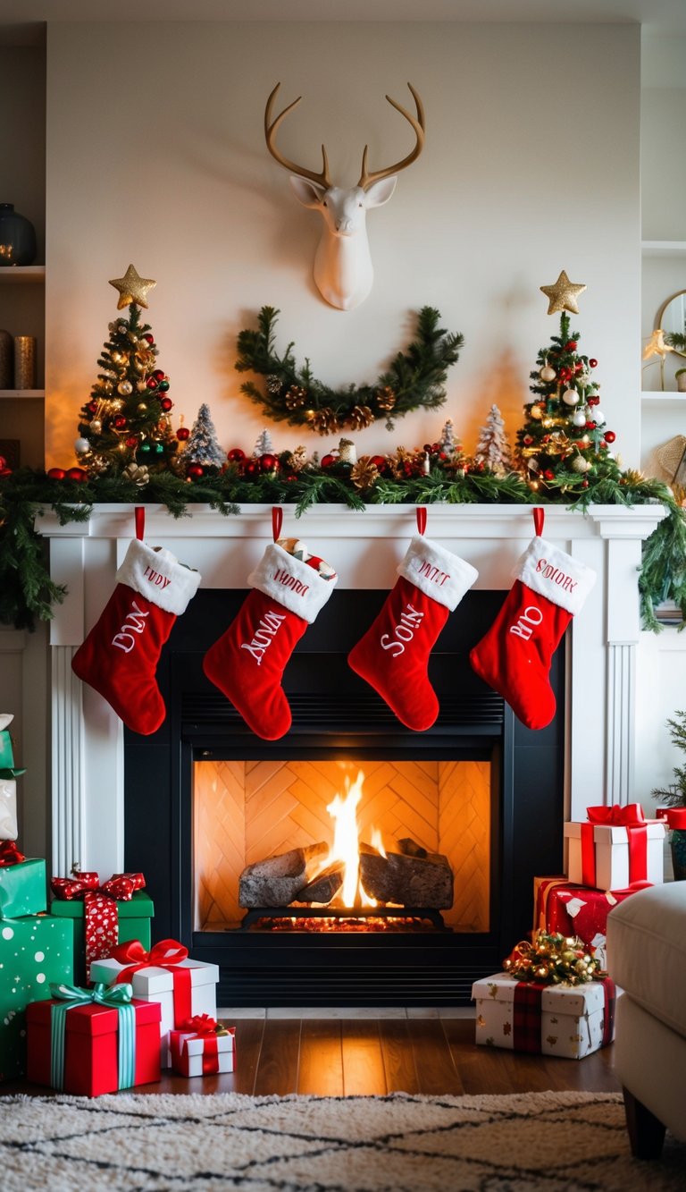 A cozy living room with a roaring fireplace, adorned with personalized Christmas stockings hanging from the mantel. Festive DIY gifts scattered around