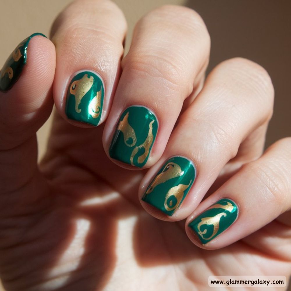 November Nails having Elegant Green with Gold
