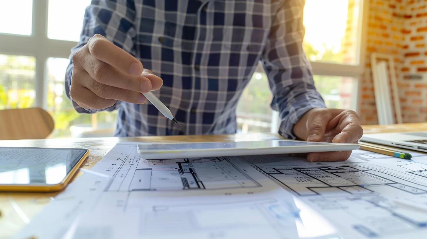A renovation project manager using a tablet to check timelines and blueprints on-site, coordinating with contractors and checking off a digital checklist.