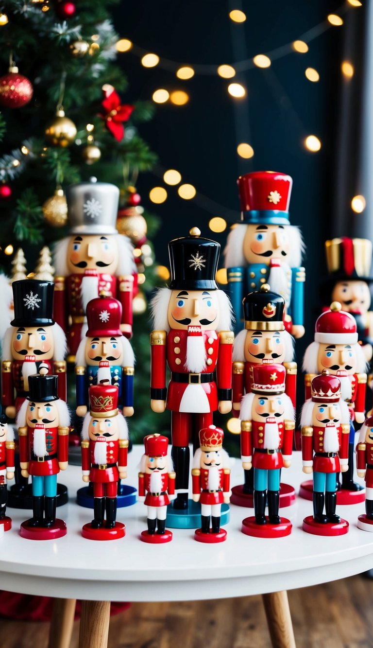 A table adorned with 24 nutcracker figurines in various sizes and styles, surrounded by festive Christmas decor