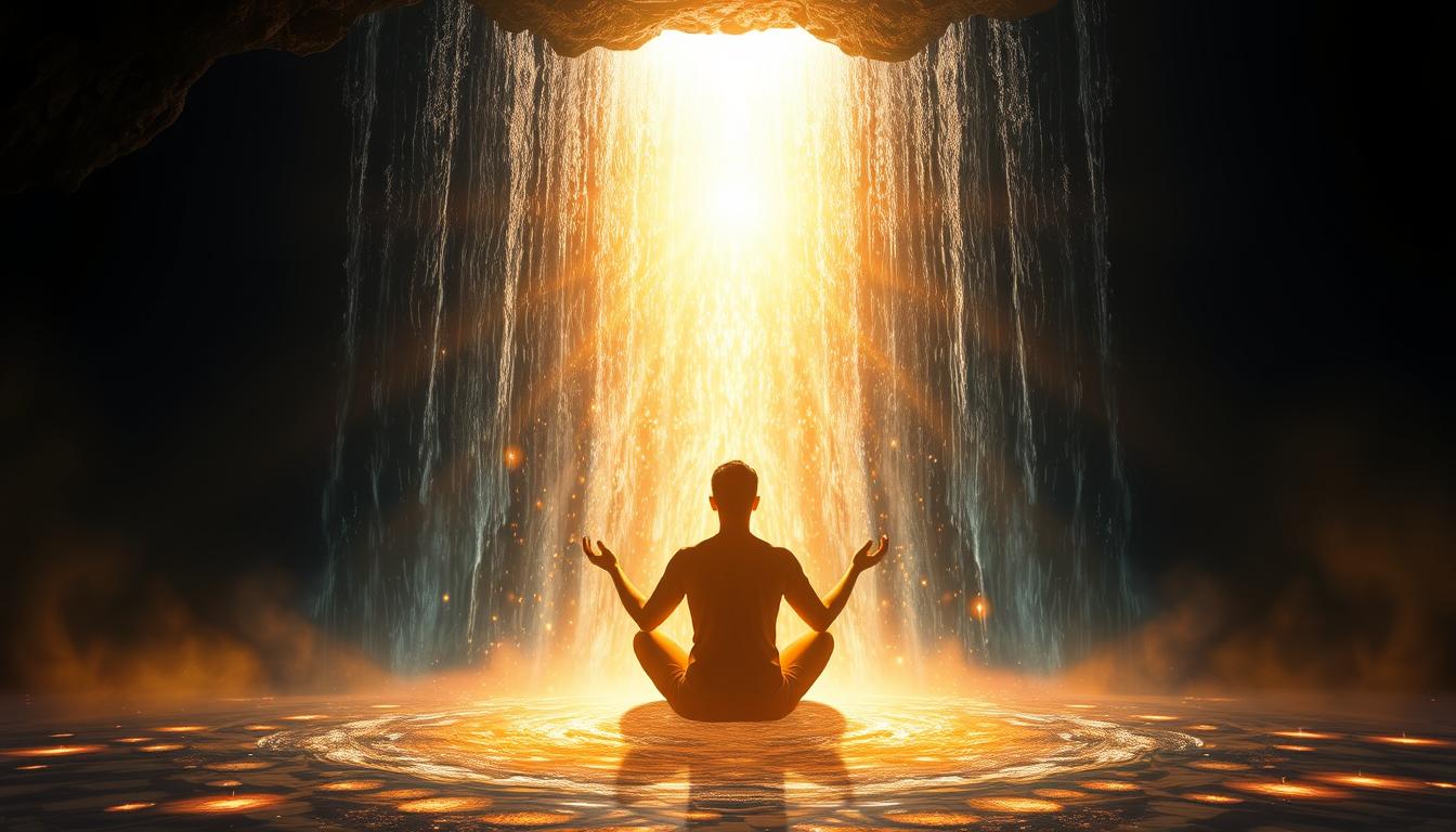 A person meditating under a waterfall of golden light, with symbols of their dreams and desires flowing into their hands.