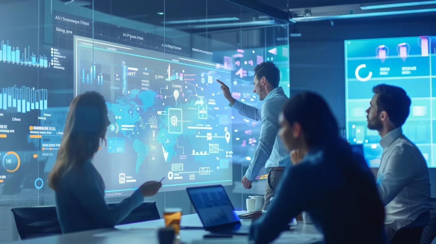 In a strategic team meeting setting, professionals gather around a digital whiteboard outlining AI integration steps and CRM workflows, with icons representing APIs, automation rules, and data syncing—capturing the practical process of adopting AI tools into business operations.