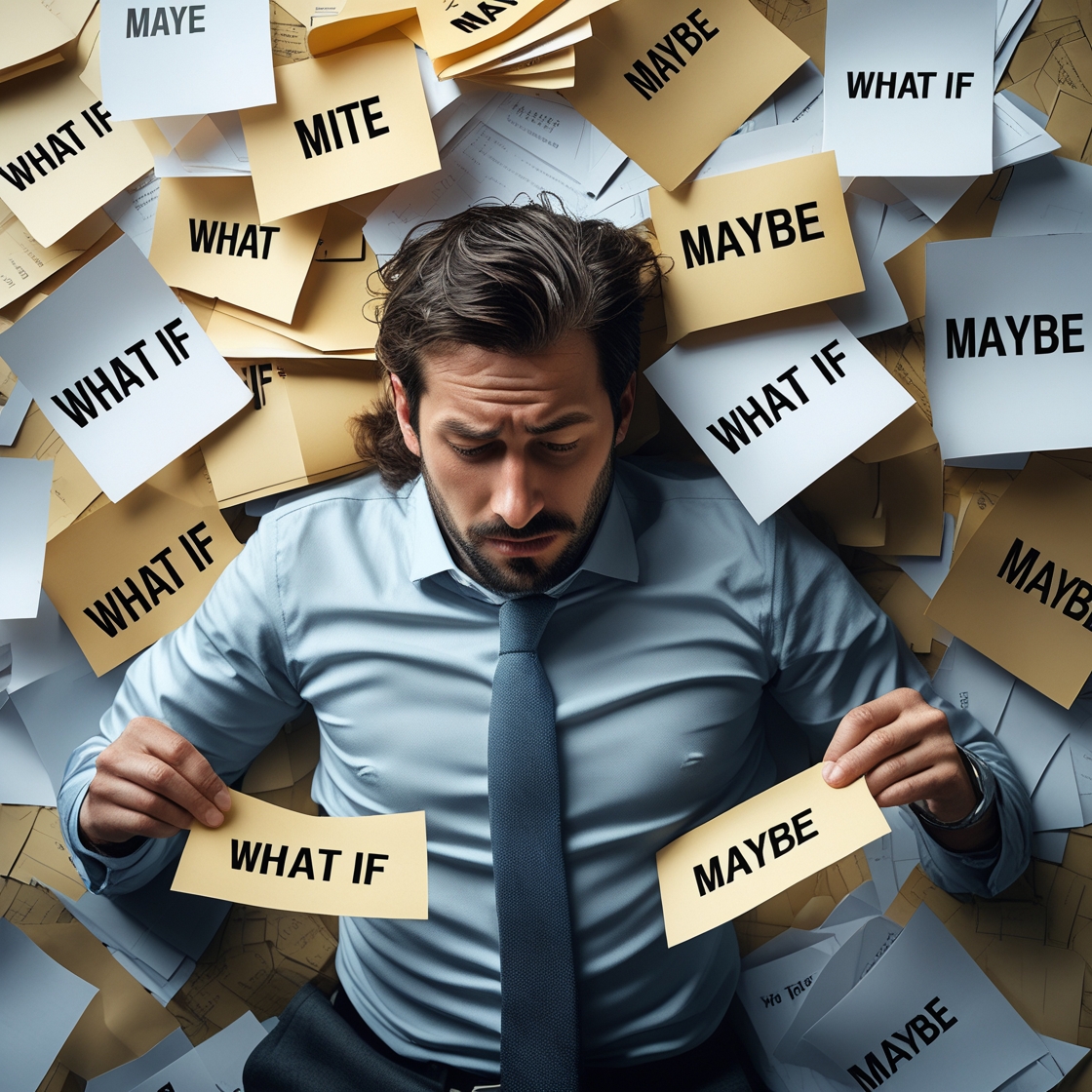 A man drowning in papers labeled "What If" and "Maybe", symbolizing mental overload.