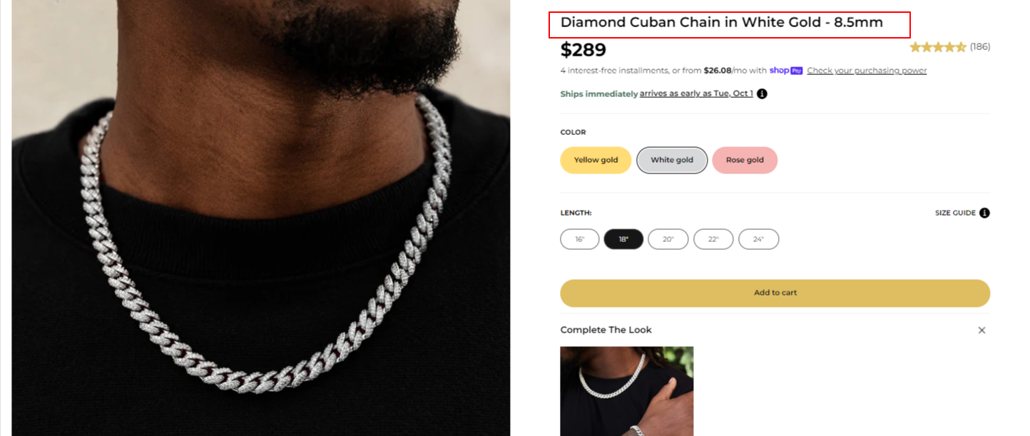 Image of GLD's chain page with the product name highlighted.