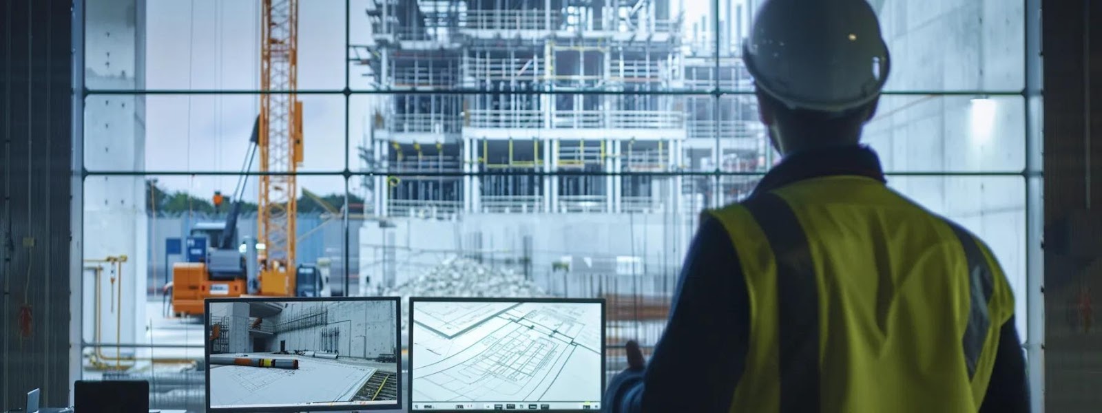 a sleek, modern construction site in wakefield showcases a dynamic project manager overseeing a diverse team of professionals engaged in strategic planning and collaboration, with blueprints and digital devices prominently displayed against a backdrop of ongoing structural work.