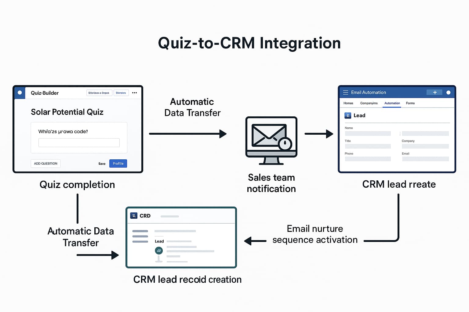 Solar quiz CRM integration workflow showing automated lead data transfer from quiz completion to sales team follow-up and email nurturing.