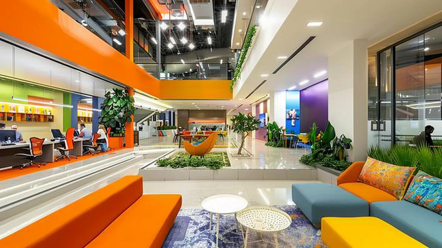 a dynamic, modern office interior showcases a diverse team actively engaged in a collaborative meeting, with vibrant brand materials displayed prominently, symbolizing authenticity and corporate social responsibility in their mission.