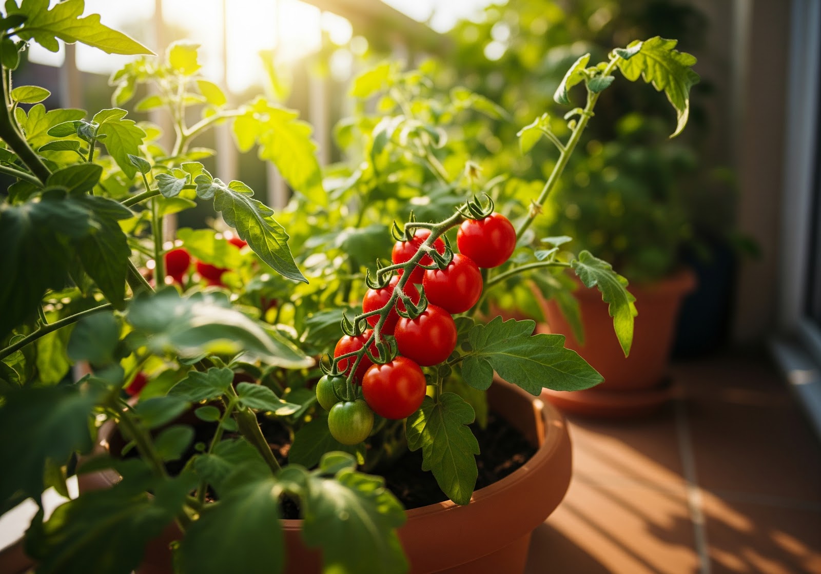 Raios de sol iluminando um vaso de tomate cereja em uma varanda, destacando a folhagem verde.