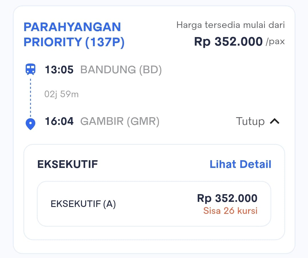Harga Tiket KA Parahyangan Priority (137P) Bandung (BD) – Gambir (GMR)