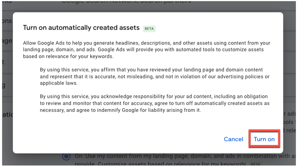 Enable Automated Assets in Google Ads