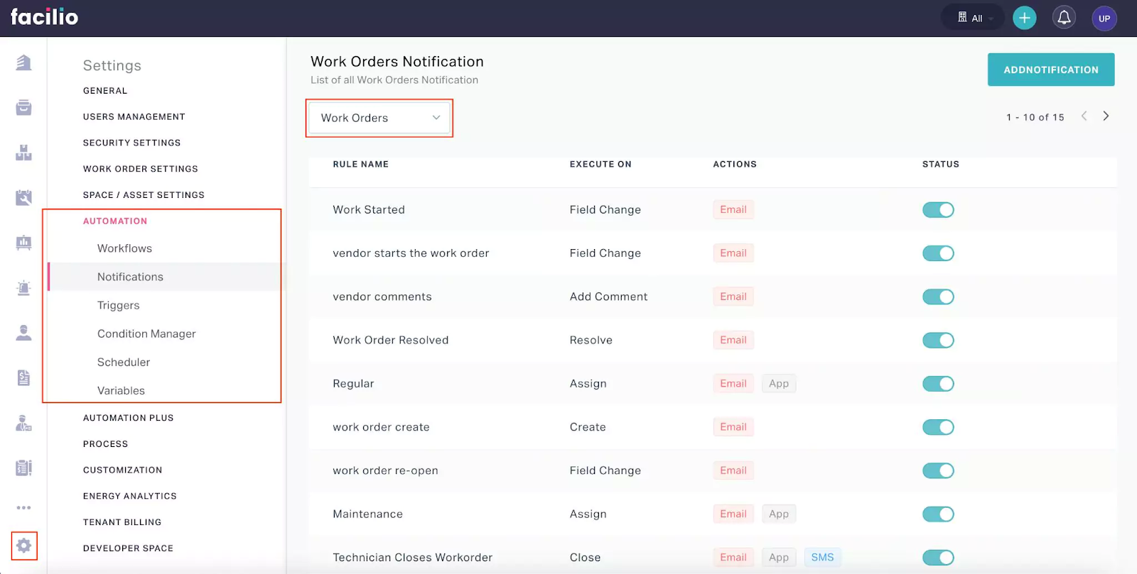 Facilio facility scheduling software showing automated action-trigger system that sends notifications and executes corresponding tasks