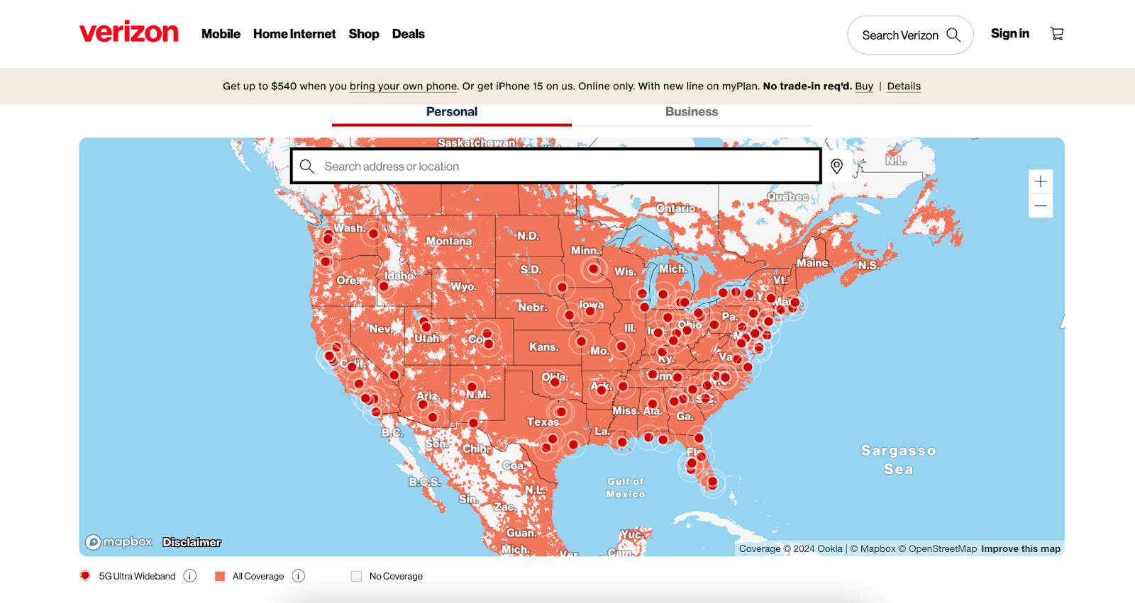 A screenshot of Verizon coverage map