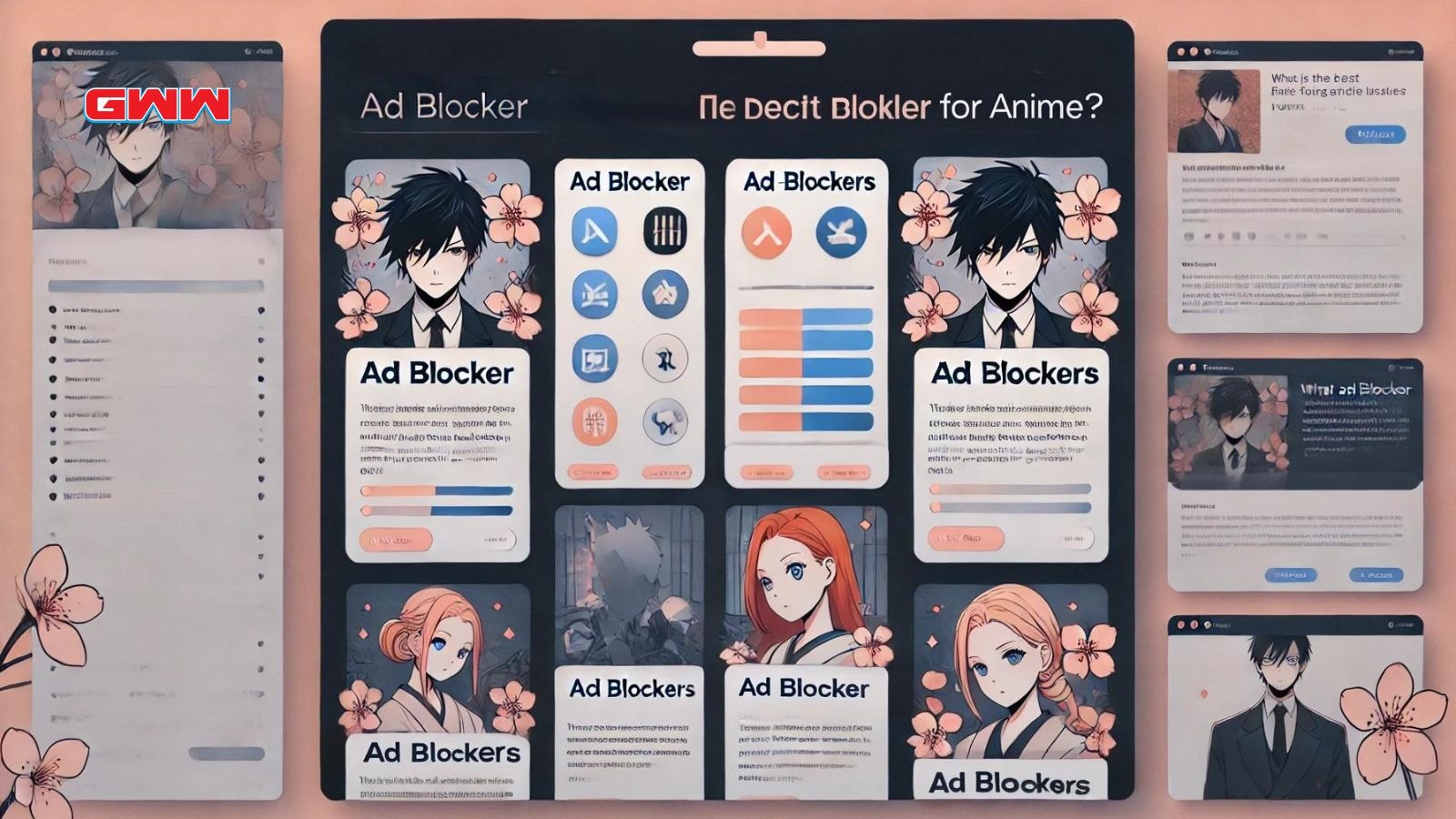 Anime character-themed ad blocker comparison with various icons and descriptions.