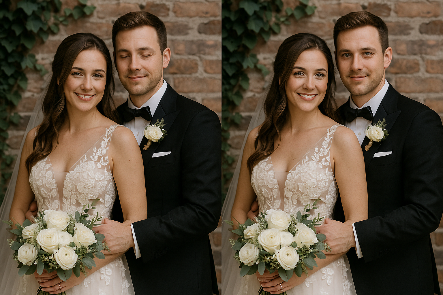Wedding portrait before and after AI face-swap correction of a blink