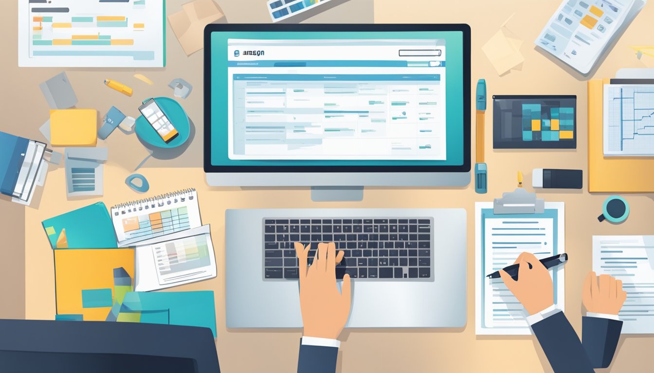 An Amazon product launch checklist being reviewed and checked off by a hand. Surrounding the checklist are various product packaging, marketing materials, and a computer displaying sales data