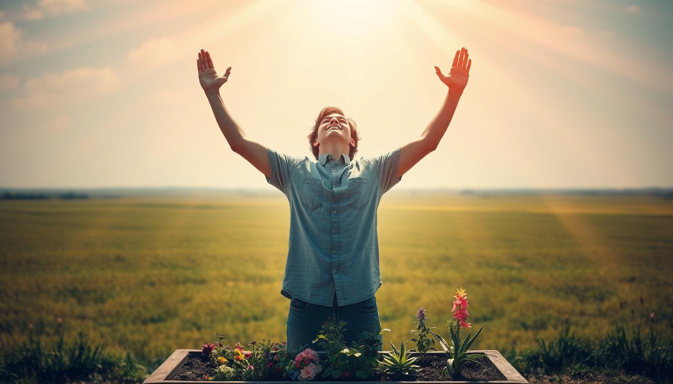 A person standing at the edge of a vast field, arms raised towards the sky, with rays of warm sunlight streaming down on their upturned face. In the foreground, a small patch of flowers and plants grows in a neat garden bed. The person wears a look of serene contentment, as if they are expressing gratitude for all the abundance in their life.