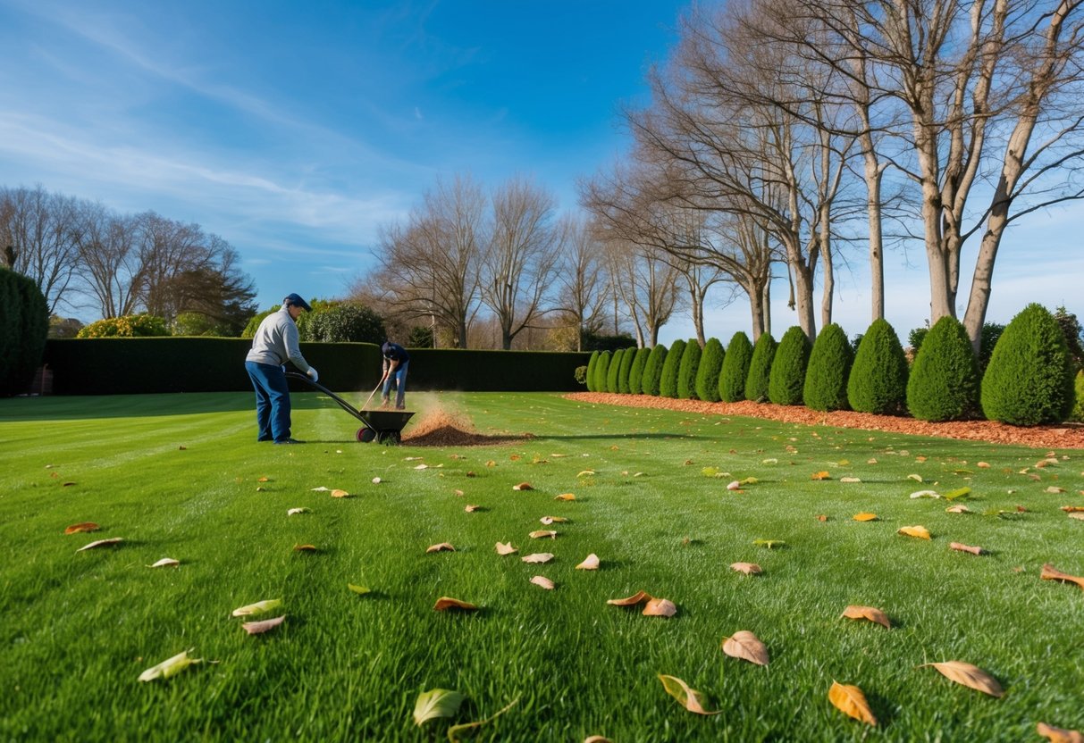 A lush green lawn with a scattering of fallen leaves, surrounded by bare trees and a crisp blue sky, with a person spreading fertilizer and mulch