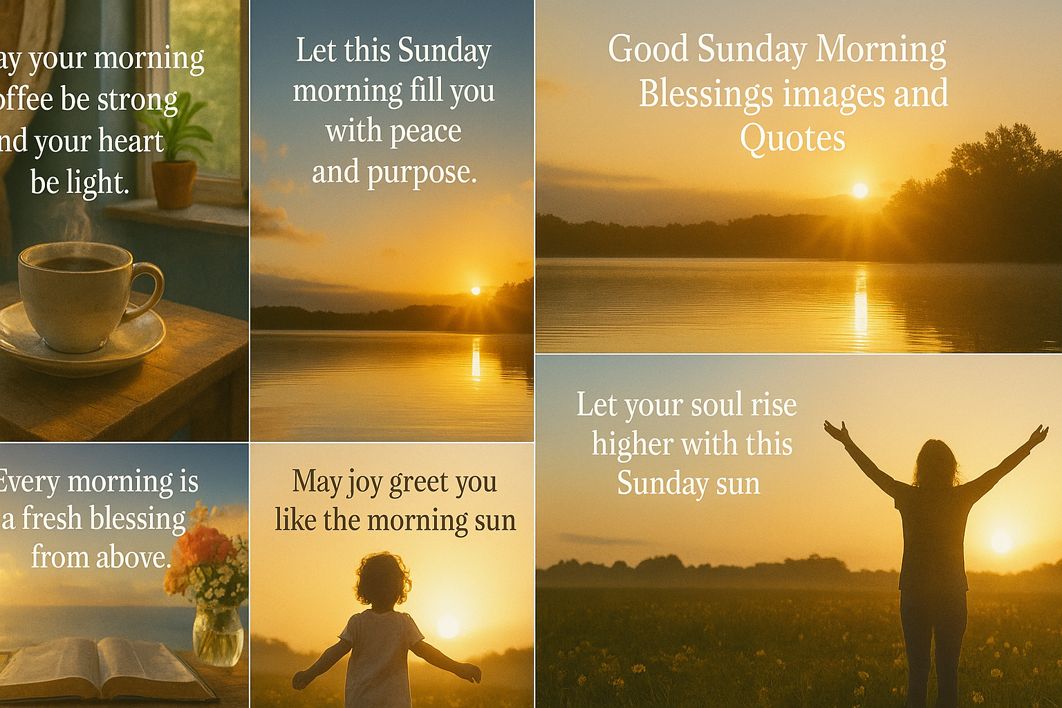 "A collage of six heartwarming Sunday morning scenes. Include: (1) a steaming cup of coffee by a sunlit window, (2) a peaceful lake reflecting the sunrise, (3) a silhouette of a woman raising her hands in morning sunlight, (4) a child standing in a field watching the sunrise, (5) an open Bible with a flower vase beside it, (6) a bright and golden sunrise over a quiet meadow. Each image should have elegant white text overlay that reads: 'Sunday Morning Blessings'. Use soft golden light, warm tones, and a calm, inspirational atmosphere."
