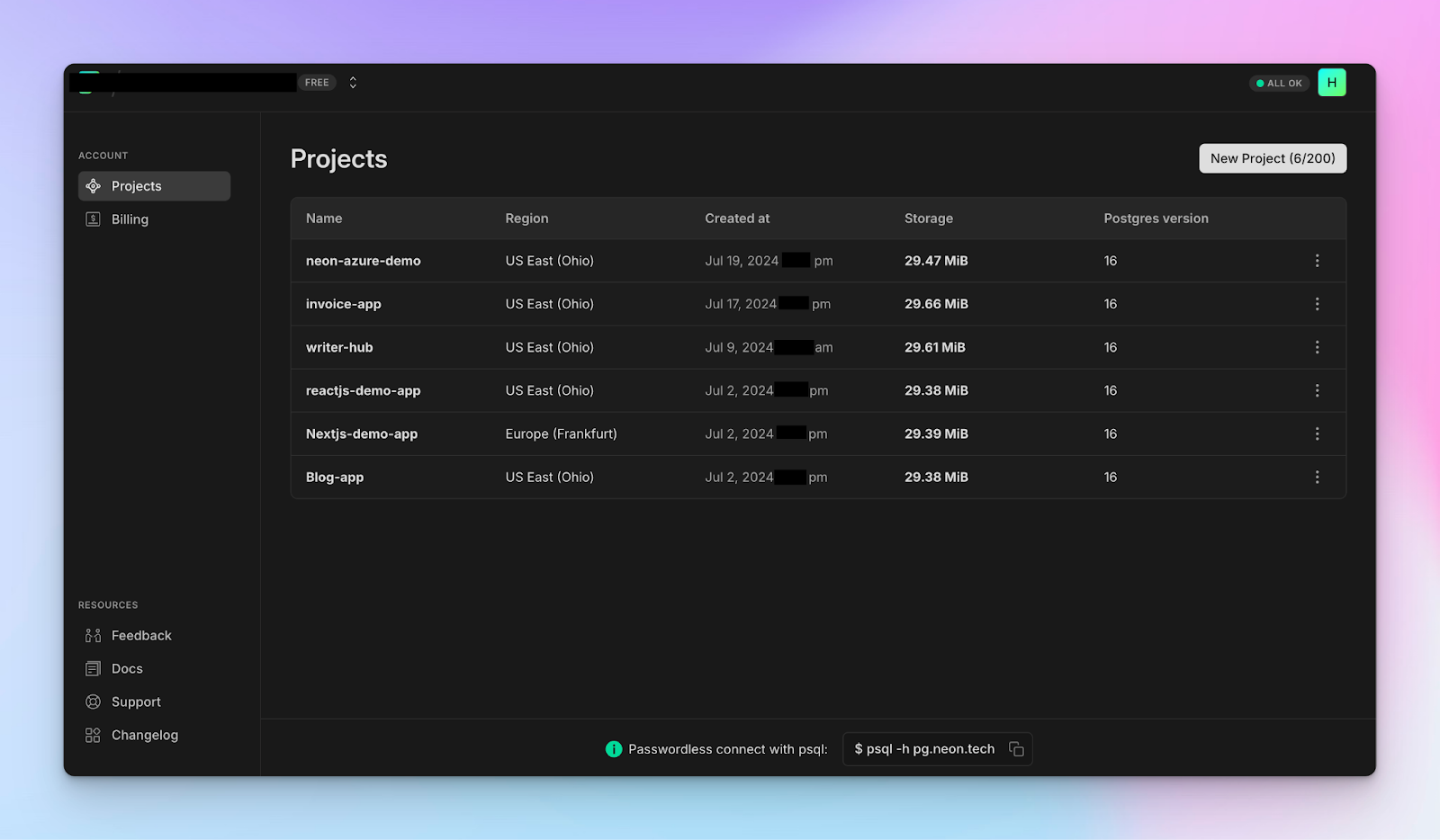 Neon-postgres-all-project-dashboard