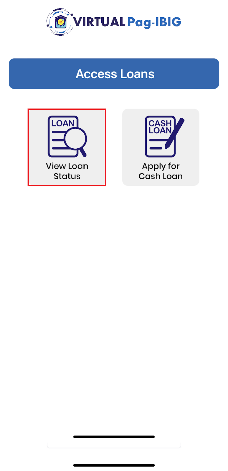 highlight of view loan status button on virtual pag-ibig mobile app.