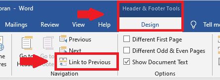 matikan “Link to Previous” terletak di bagian atas pada menu “Design”
