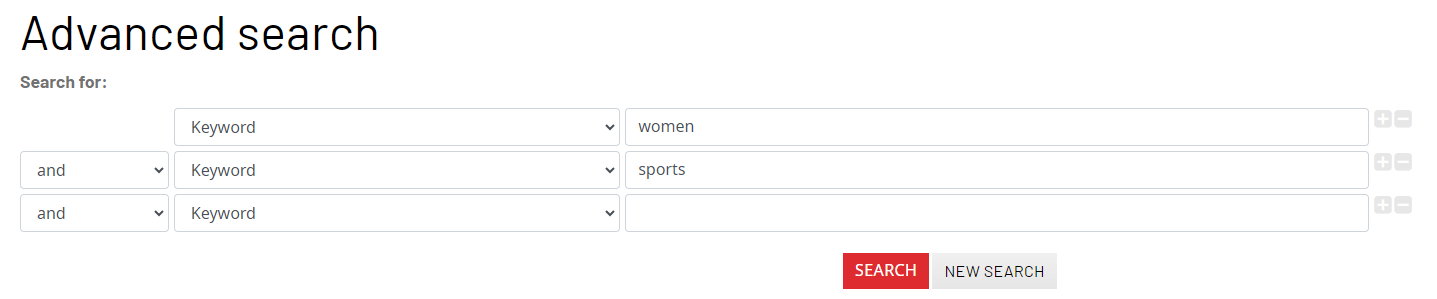 the advanced search bars of the library catalog with a keyword search for women and sports.