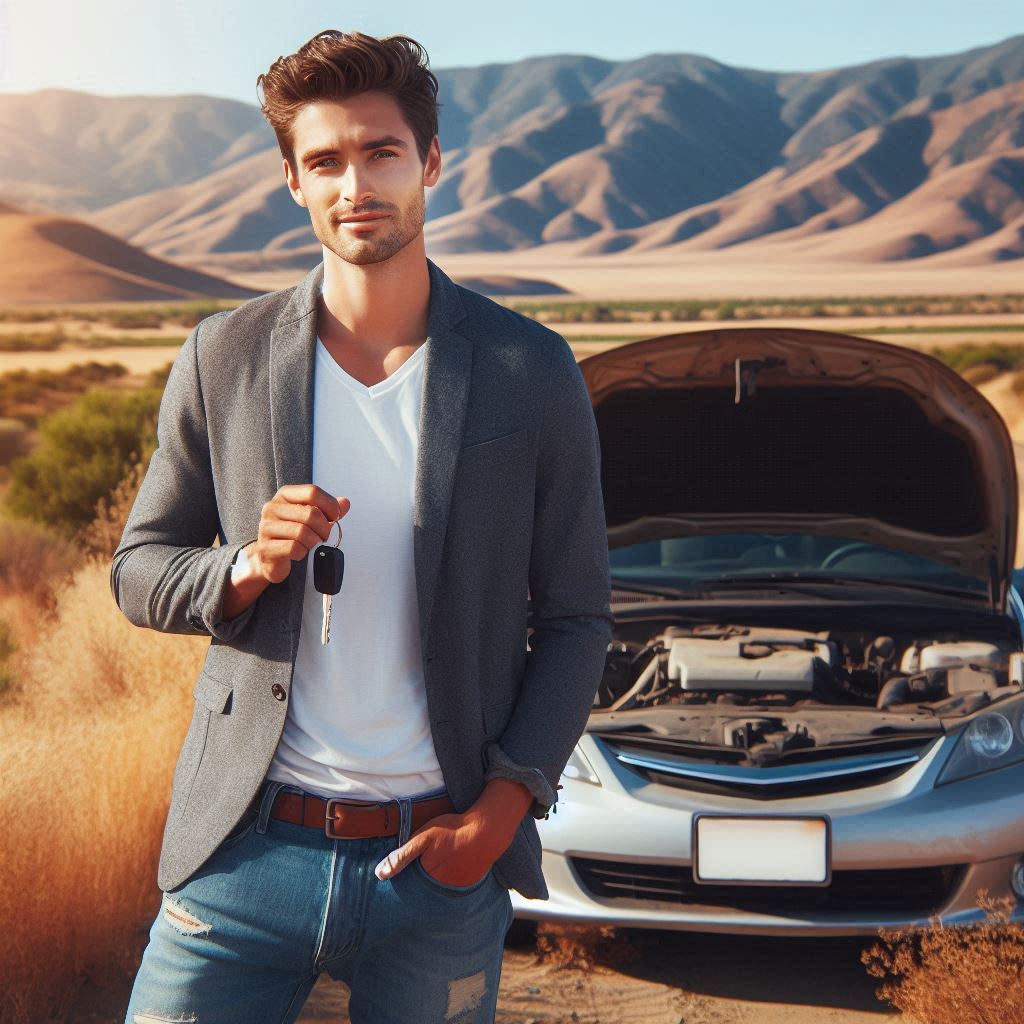 A confident California driver, broken-down on the side of the road