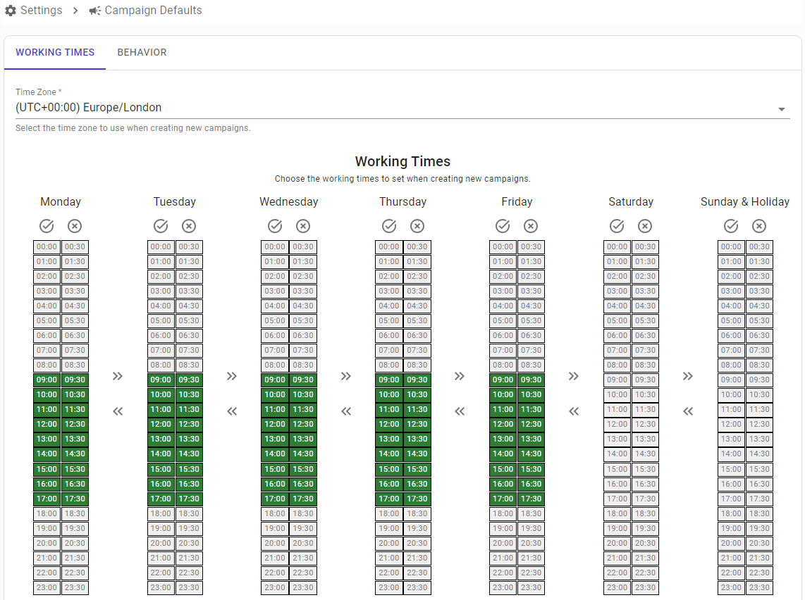 Campaign Defaults - Working Times