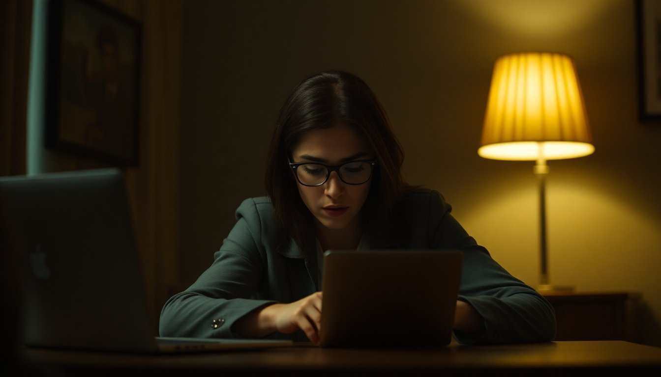 Woman in professional attire using a tablet, concerned about email harassment threats